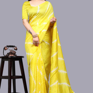 Lemon Yellow Leheriya Printed Chanderi Cotton Silk Lagdi Patta Saree