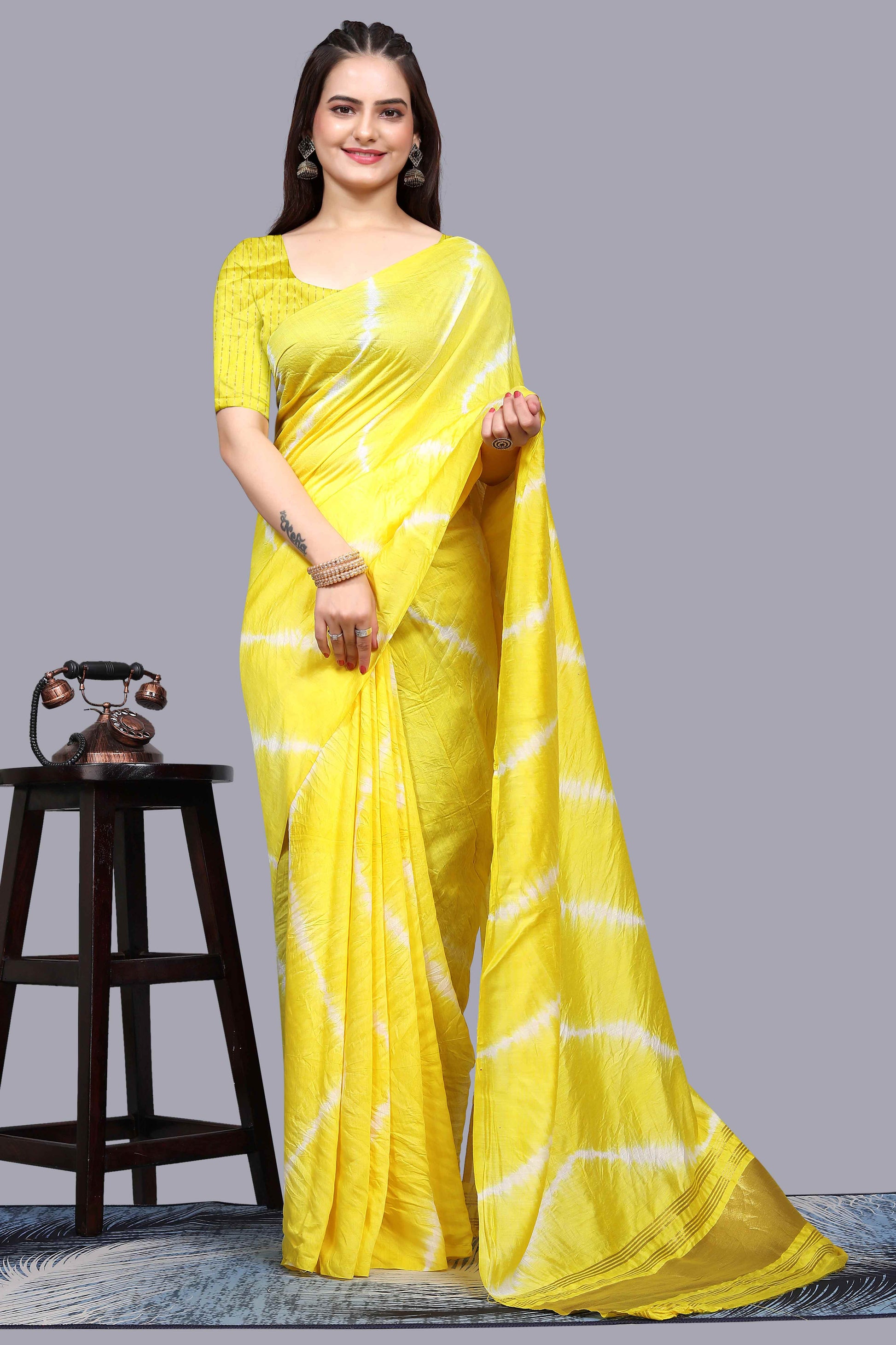 Lemon Yellow Leheriya Printed Chanderi Cotton Silk Lagdi Patta Saree
