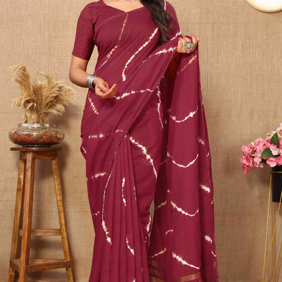 Maroon Leheriya Printed Chanderi Cotton Silk Lagdi Patta Saree