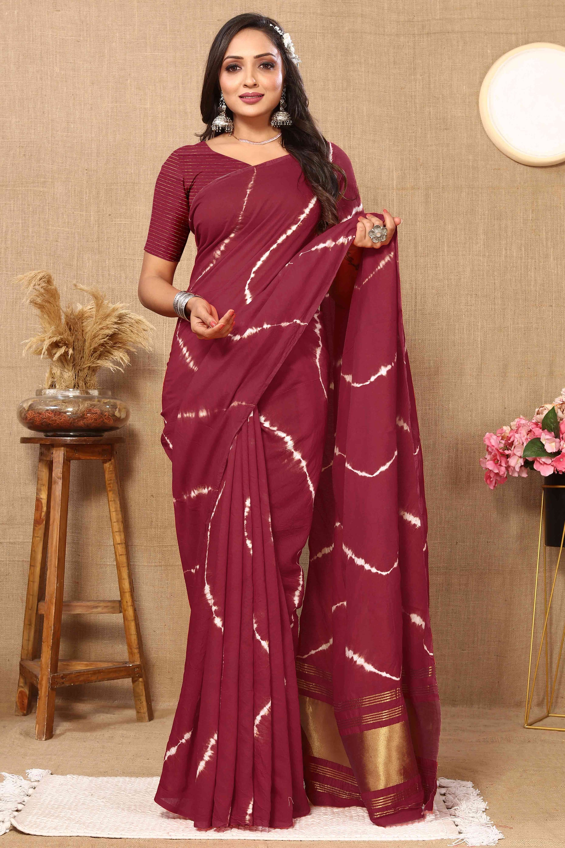 Maroon Leheriya Printed Chanderi Cotton Silk Lagdi Patta Saree