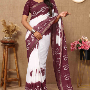 Burgundy & White Bandhani Printed Mul Mul Pure Cotton Saree