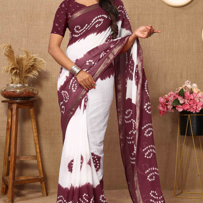 Burgundy & White Bandhani Printed Mul Mul Pure Cotton Saree