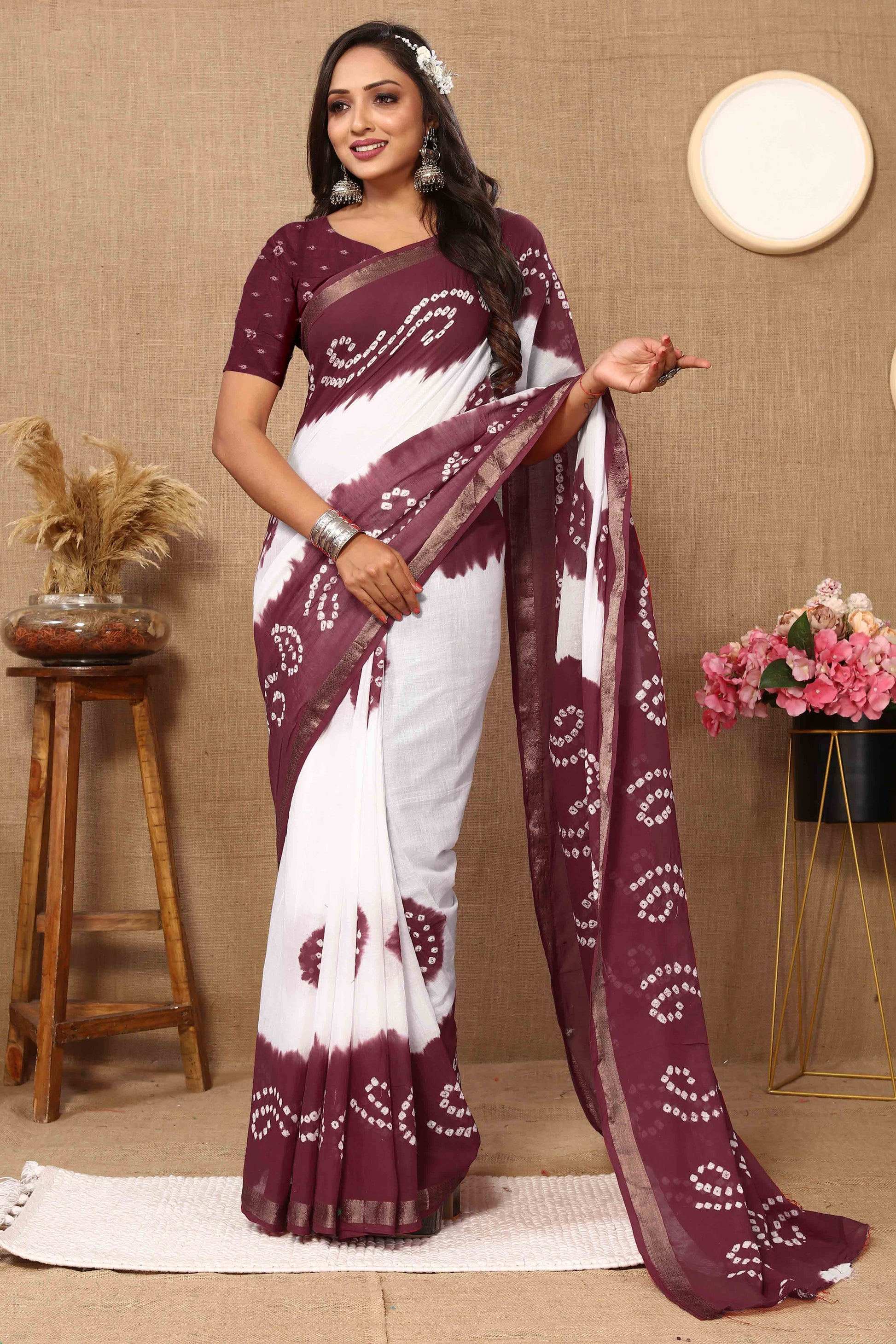 Burgundy & White Bandhani Printed Mul Mul Pure Cotton Saree