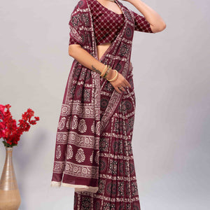 Maroon Ajrakh Printed Cotton Blend Saree