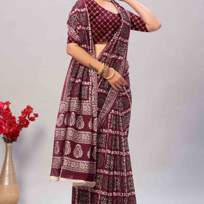 Maroon Ajrakh Printed Cotton Blend Saree