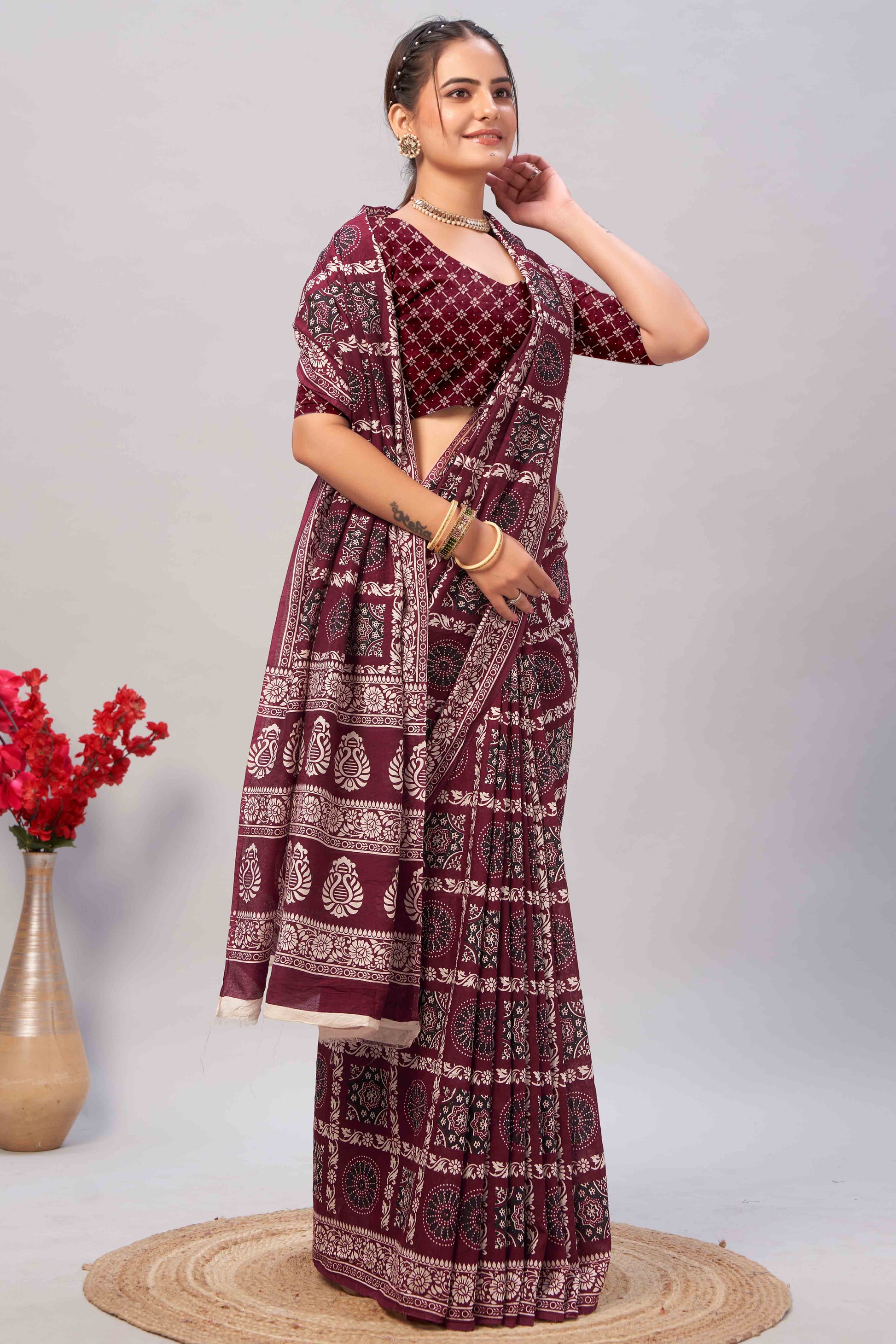 Maroon Ajrakh Printed Cotton Blend Saree