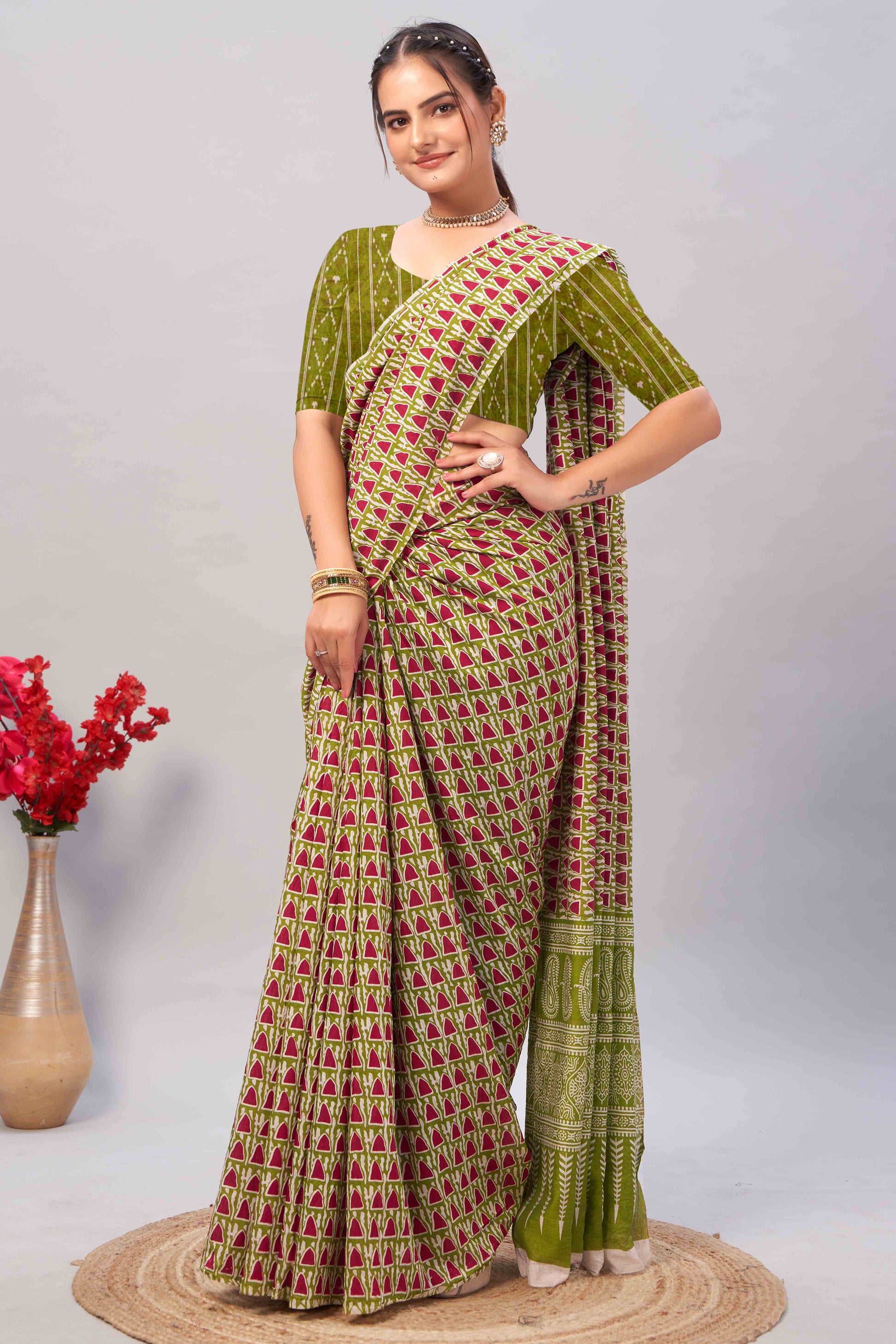 green-ajrakh-printed-cotton-blend-saree