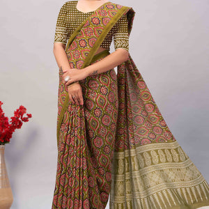Mehendi Green Ajrakh Printed Cotton Blend Saree