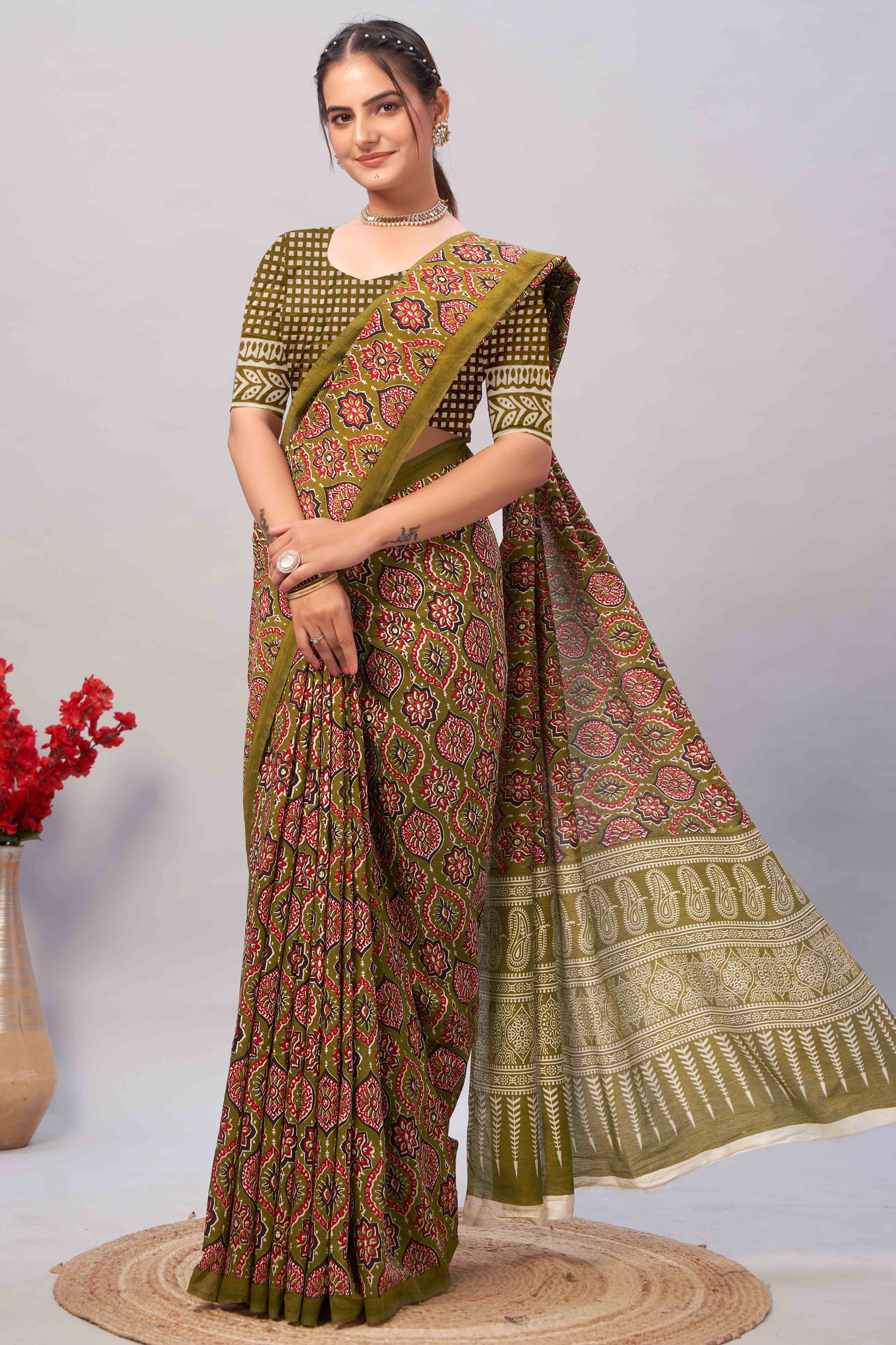 Mehendi Green Ajrakh Printed Cotton Blend Saree