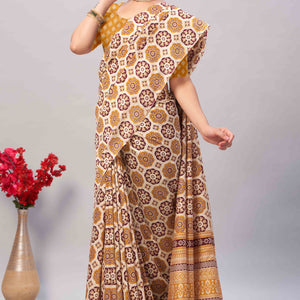 Cream & Mustard Ajrakh Printed Cotton Blend Saree