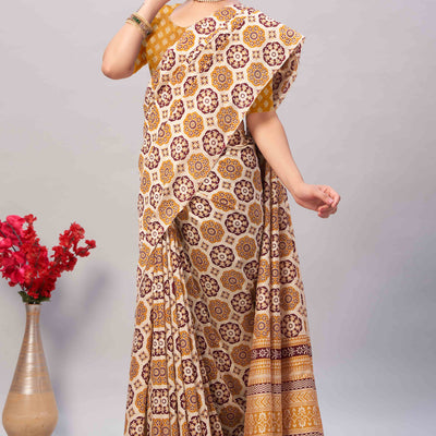 Cream & Mustard Ajrakh Printed Cotton Blend Saree