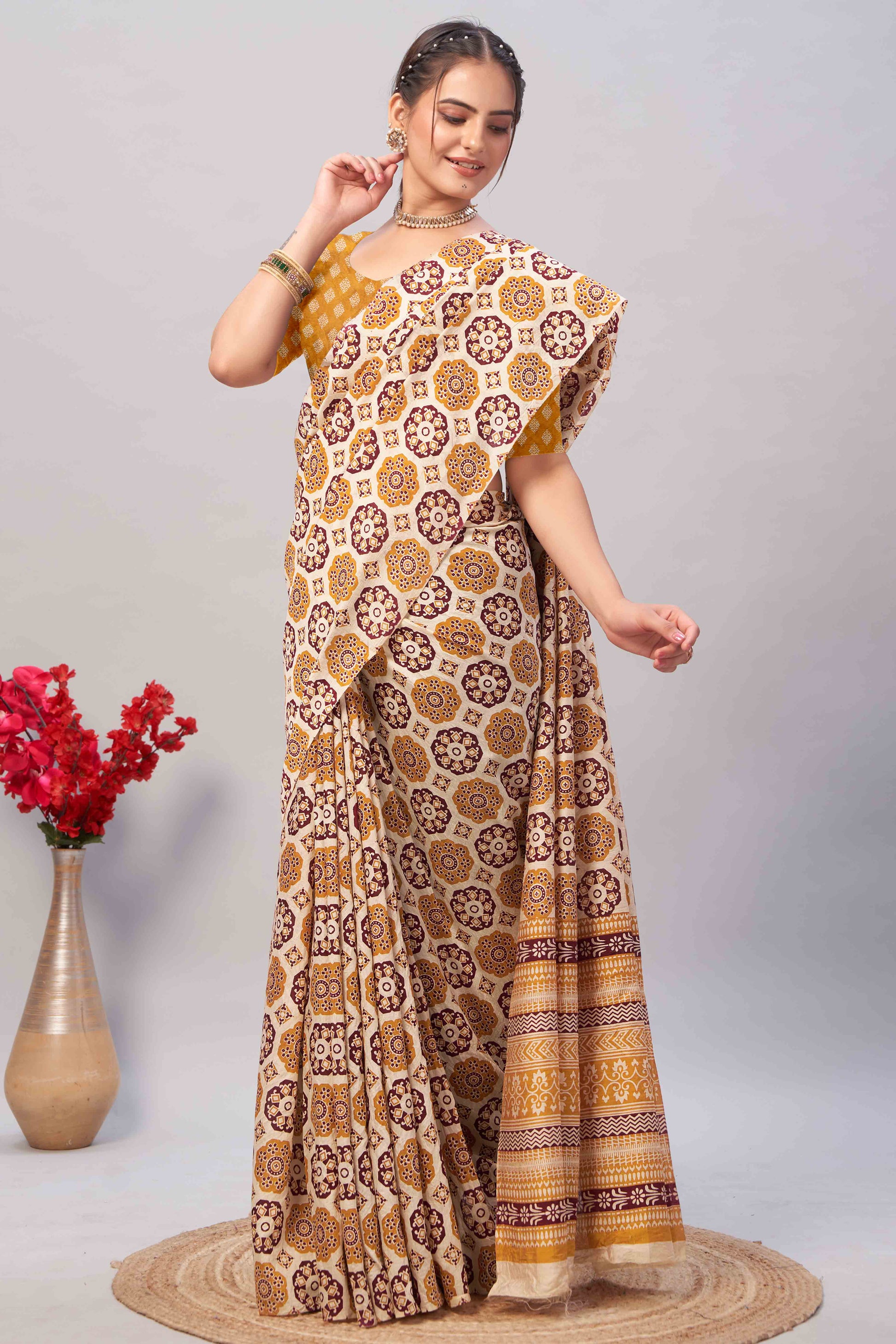Cream & Mustard Ajrakh Printed Cotton Blend Saree
