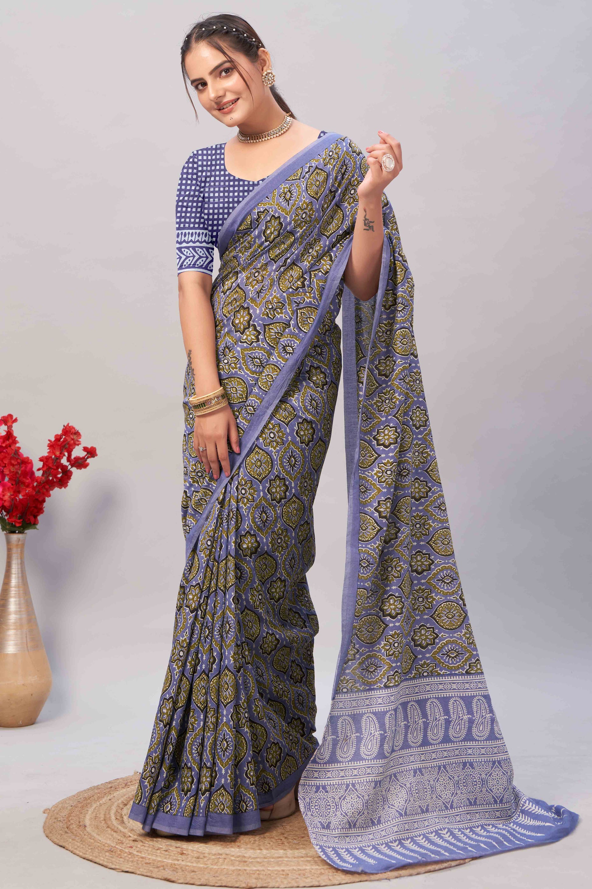 Light Lavender Ajrakh Printed Cotton Blend Saree