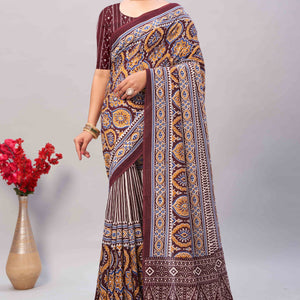 Dark Maroon Ajrakh Printed Cotton Blend Saree