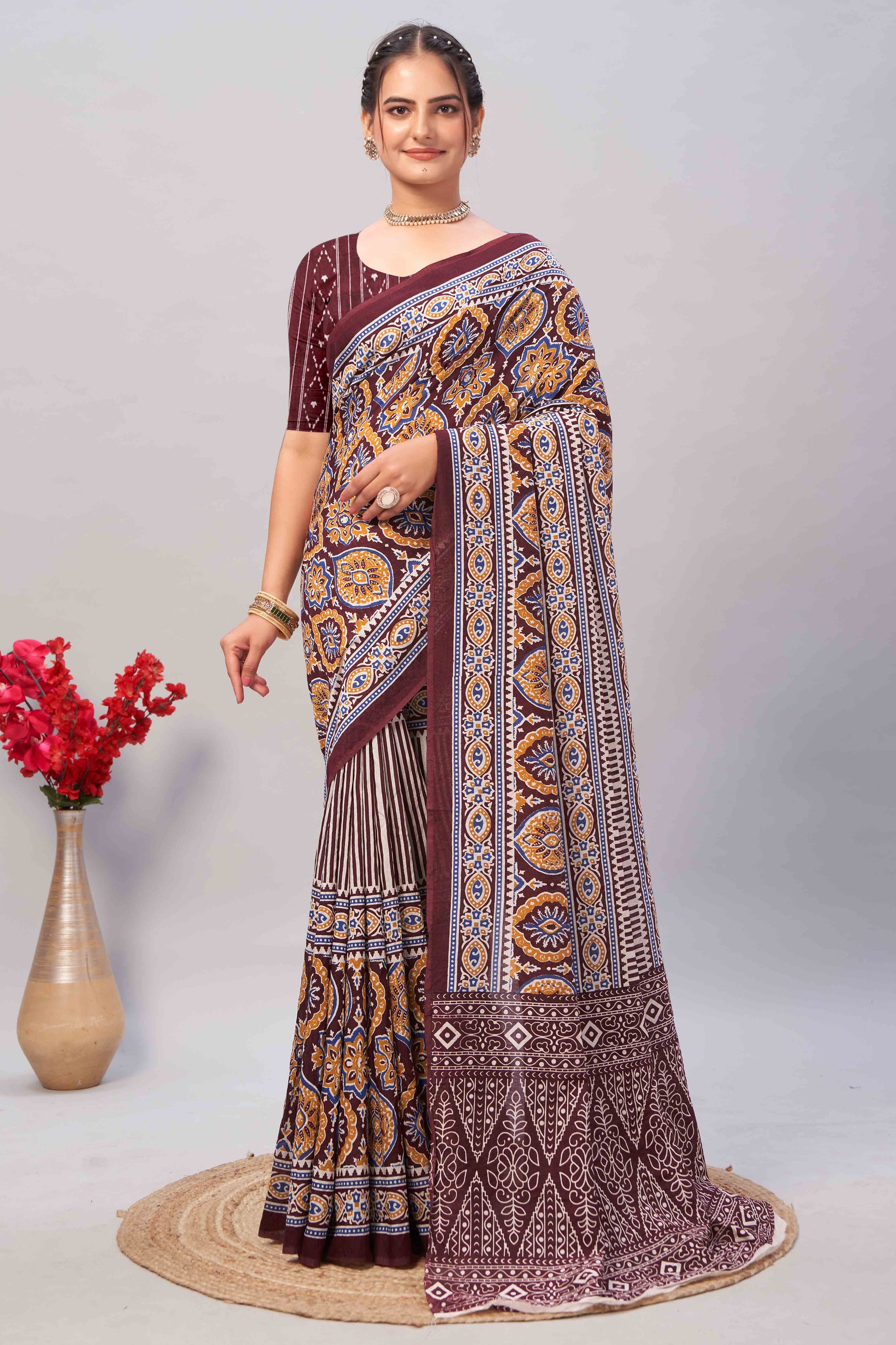 Dark Maroon Ajrakh Printed Cotton Blend Saree