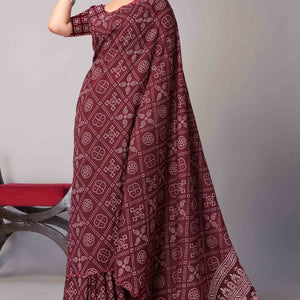 Dark Maroon Ajrakh Printed Cotton Blend Saree