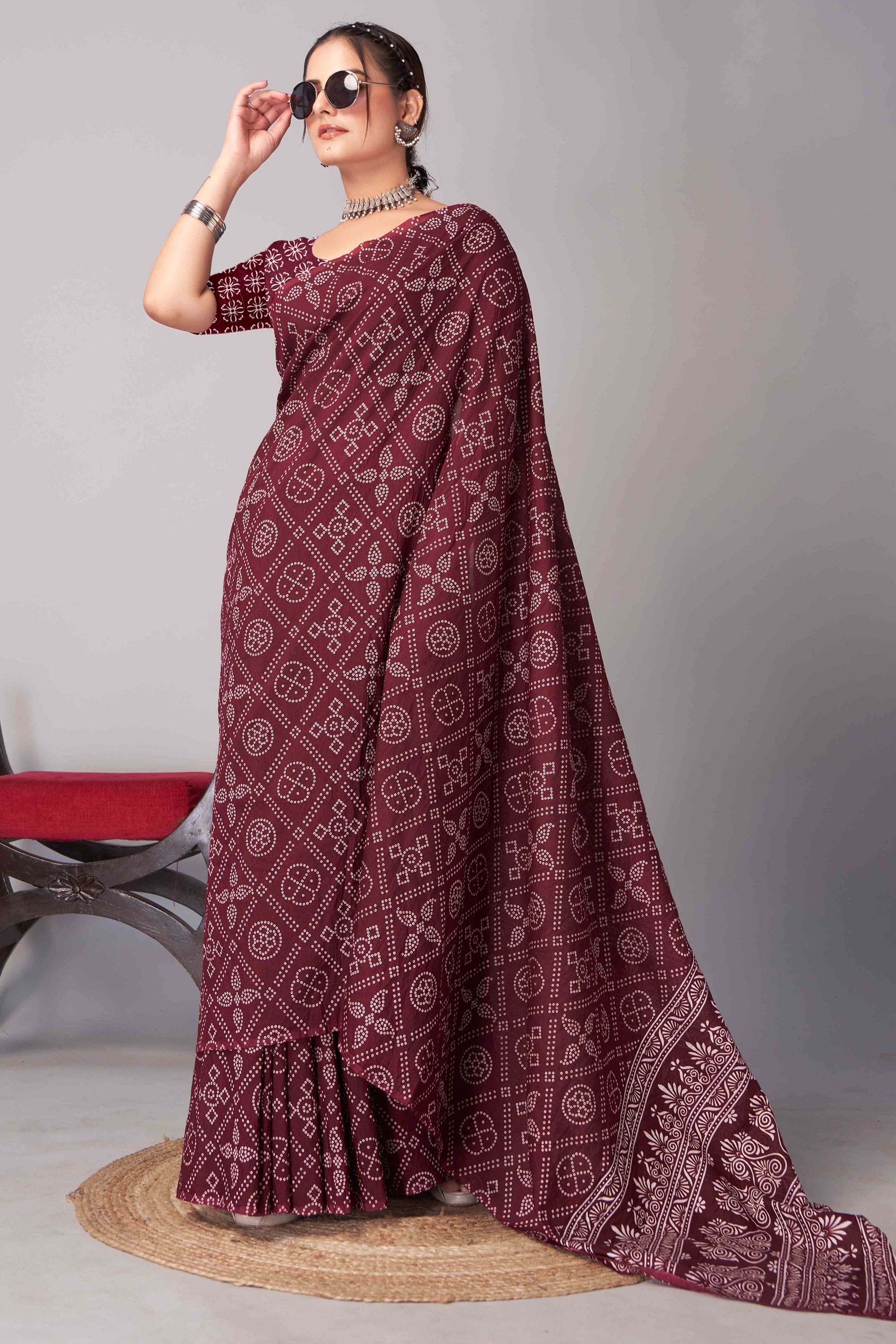Dark Maroon Ajrakh Printed Cotton Blend Saree