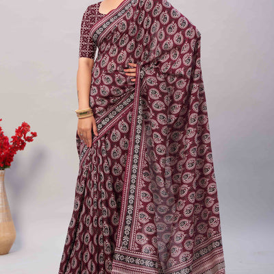 Dark Maroon Ajrakh Printed Cotton Blend Saree