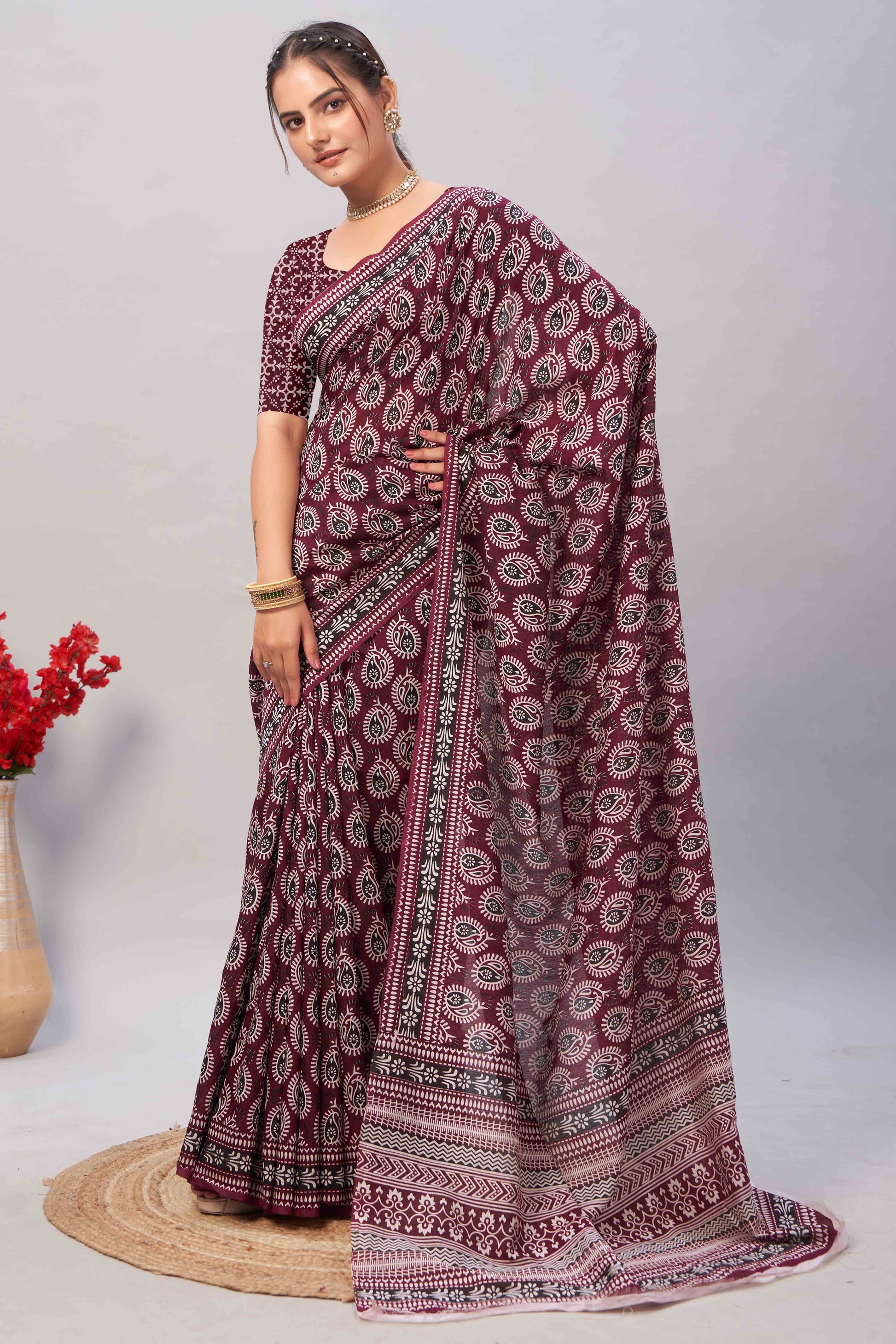 Dark Maroon Ajrakh Printed Cotton Blend Saree