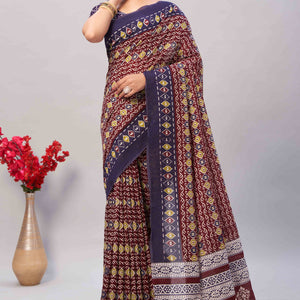 Maroon & Blue Ajrakh Printed Cotton Blend Saree