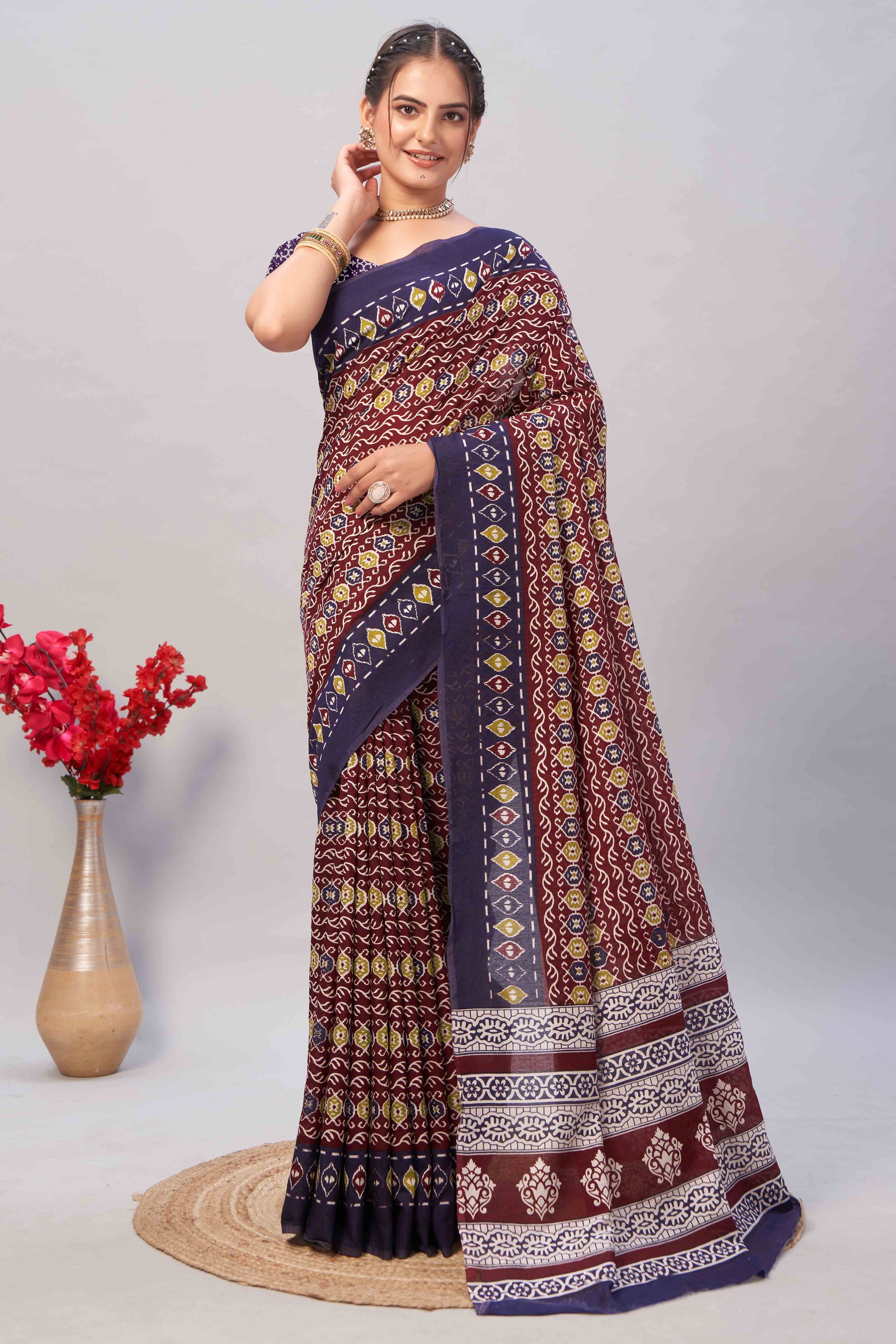 Maroon & Blue Ajrakh Printed Cotton Blend Saree