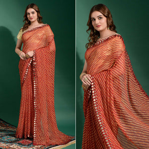 Maroon Leheriya Printed With Embroidered Border Chiffon Saree