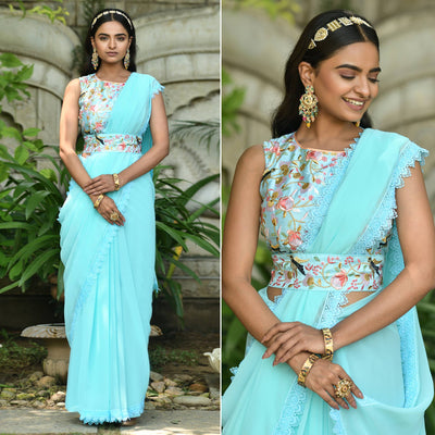 Blue Solid Georgette Saree With Embroidered Bloue Piece