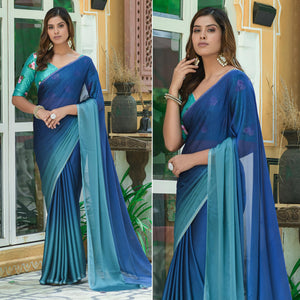 Blue Solid Chiffon Saree With Tassels