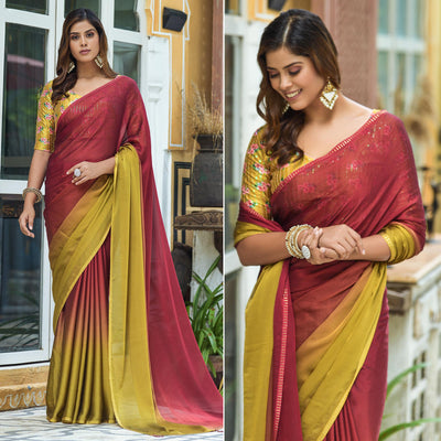 Maroon & Yellow Solid Chiffon Saree With Tassels