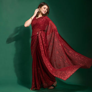 Maroon Floral Embroidered Georgette Saree