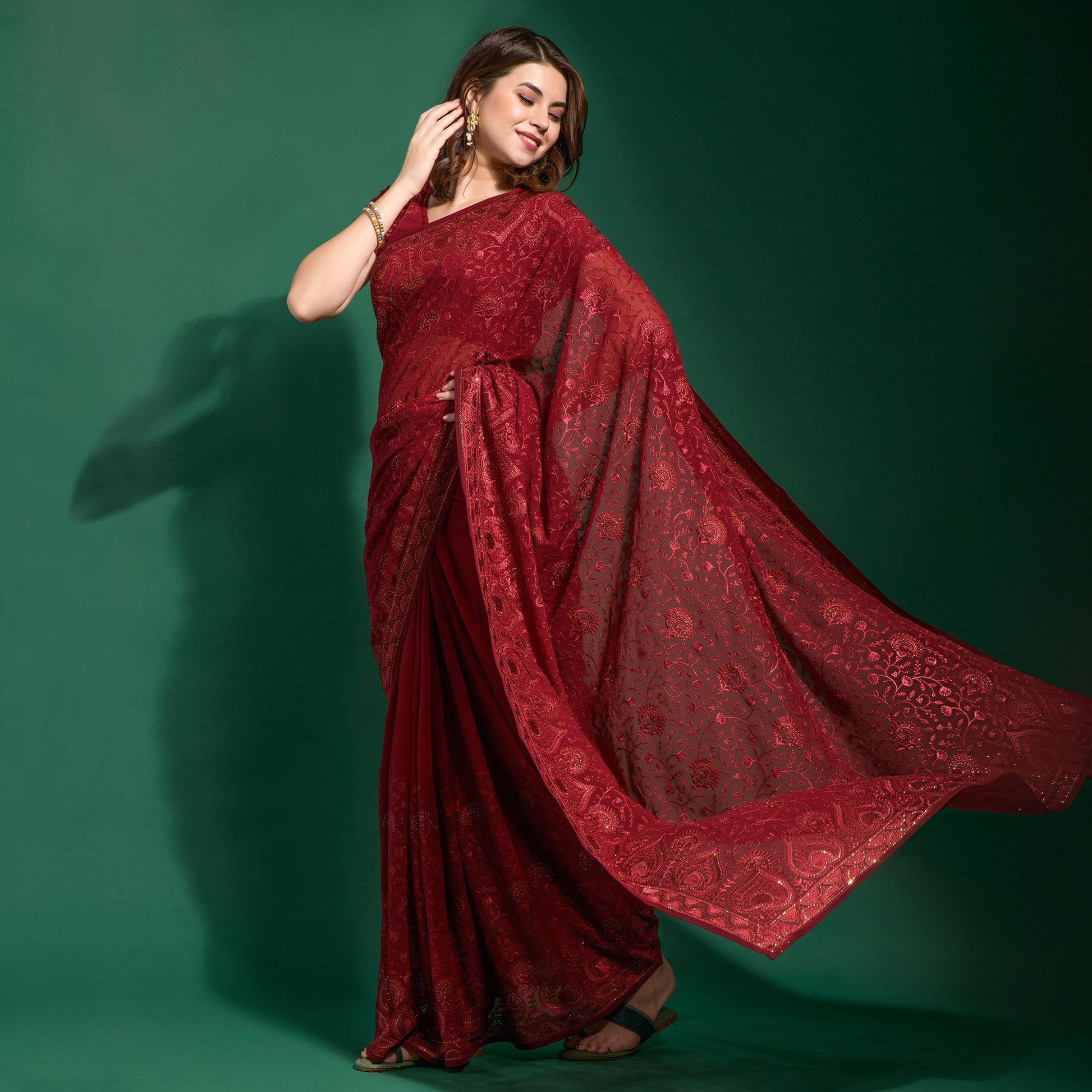 Maroon Floral Embroidered Georgette Saree