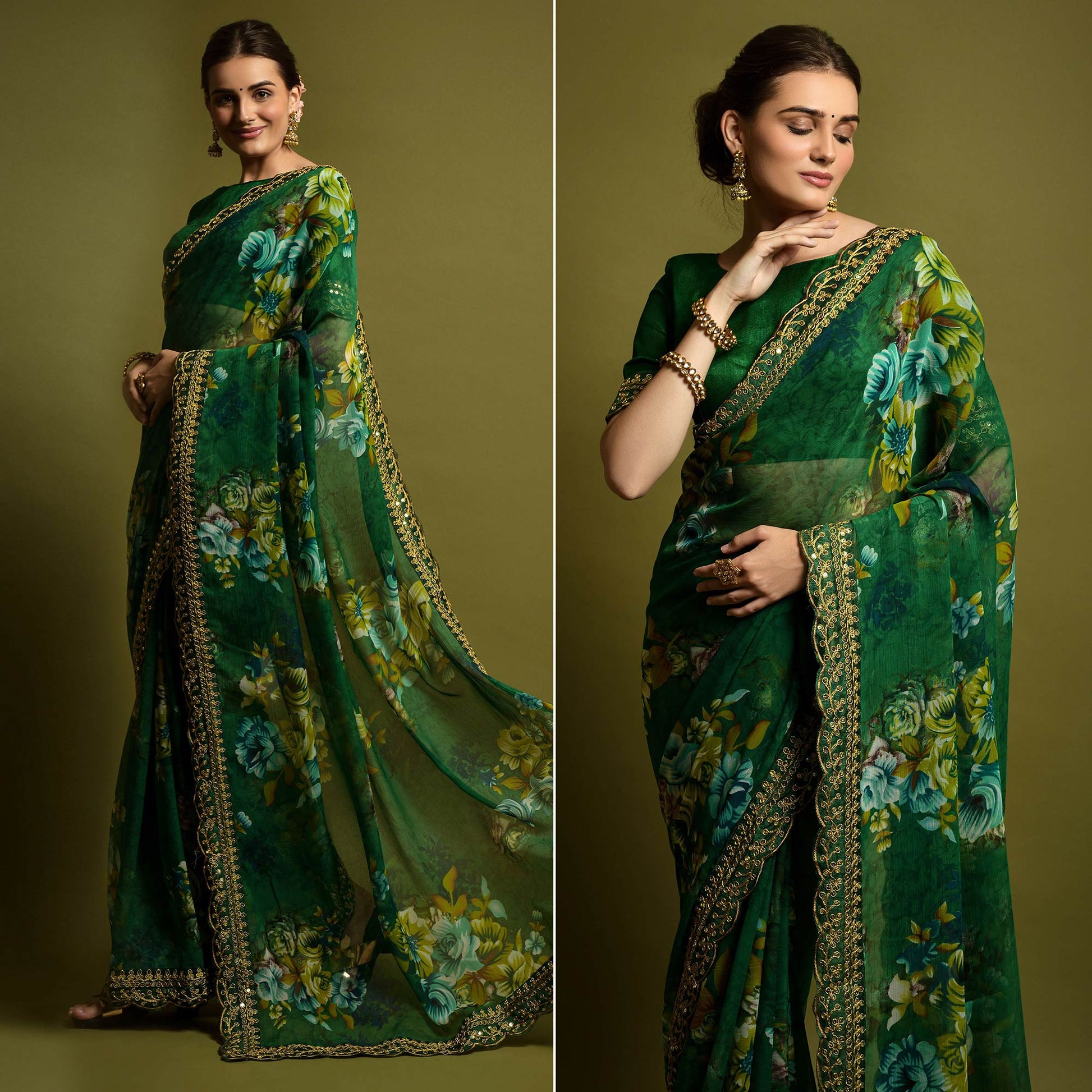 green-floral-printed-georgette-saree-with-embroidered-border