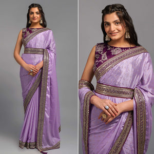 Light Purple Foil Printed With Embroidered Border Chinon Saree