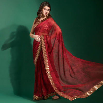 Maroon Printed With Sequins Border Chiffon Saree