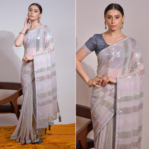 Grey Sequins Embroidered Georgette Saree