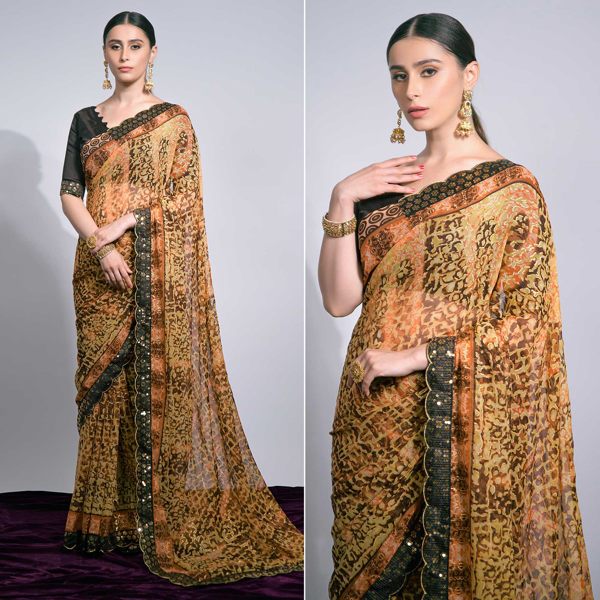 Brown Foil Printed Chiffon Saree With Embroidered Border