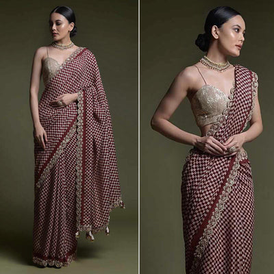 Maroon Printed With Embroidered Border Chinon Saree