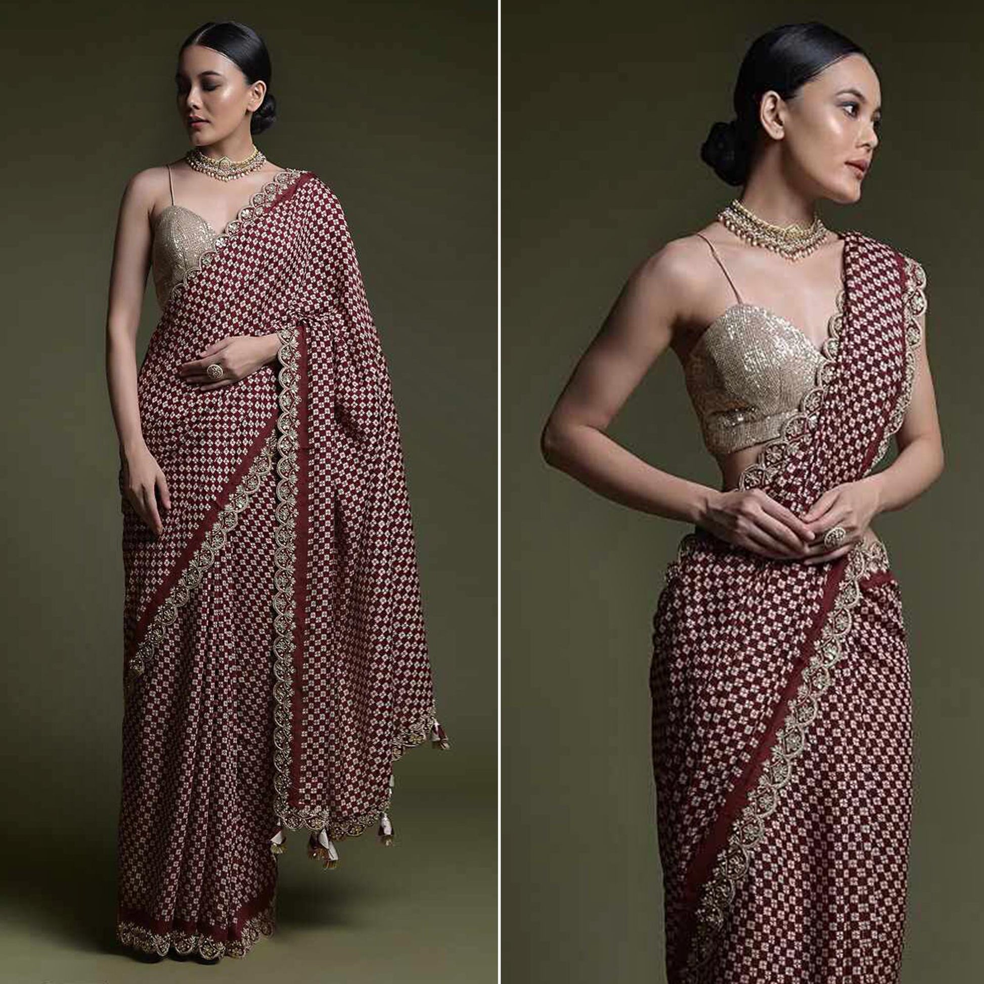 Maroon Printed With Embroidered Border Chinon Saree