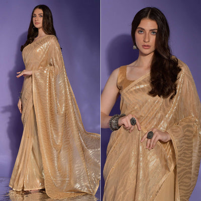 Cream Sequins Embroidered Georgette Saree