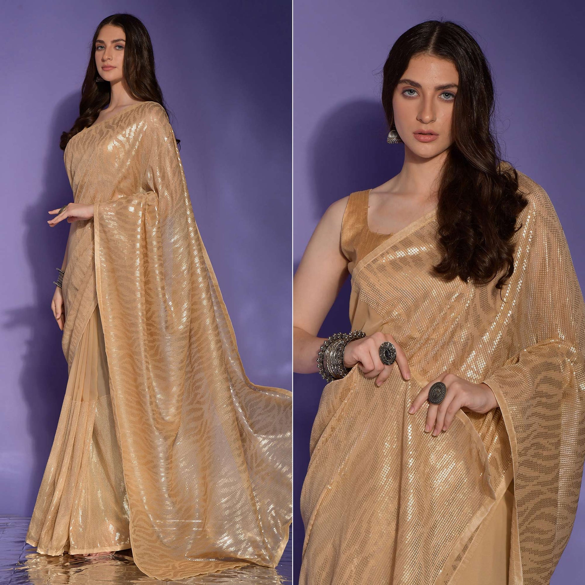 Cream Sequins Embroidered Georgette Saree