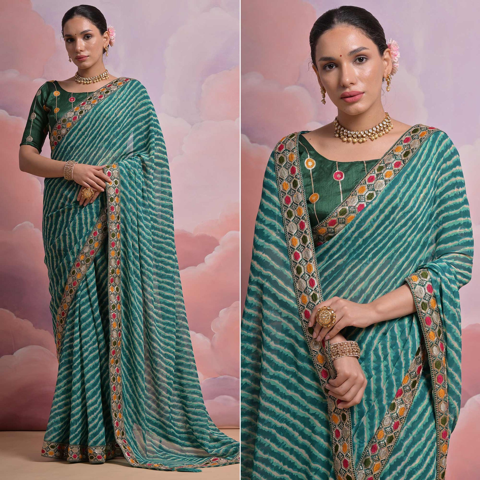 green-leheriya-printed-with-embroidered-border-georgette-saree