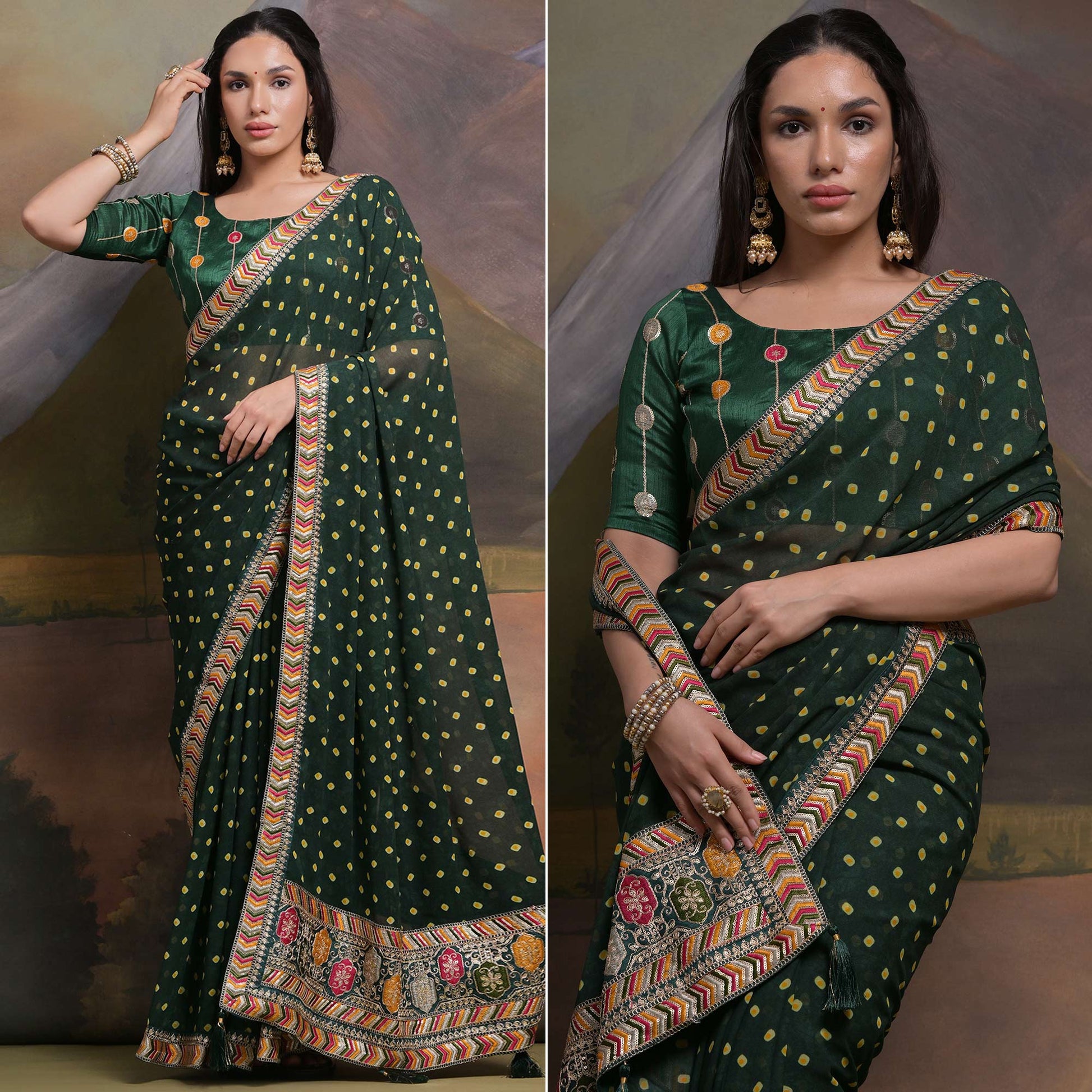 green-bandhej-printed-georgette-saree-with-tassels