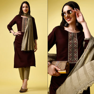 Maroon Embroidered Art Silk Kurti Sets