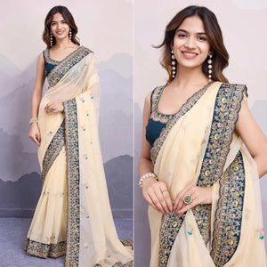 Cream Floral Sequins Embroidered Organza Saree With Lace Border