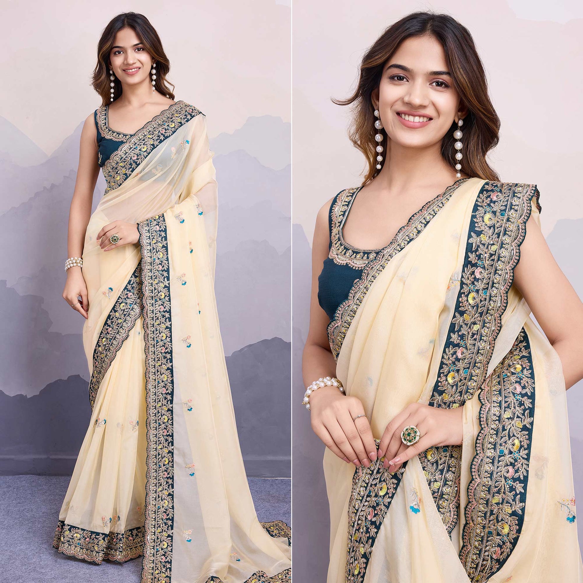 Cream Floral Sequins Embroidered Organza Saree With Lace Border