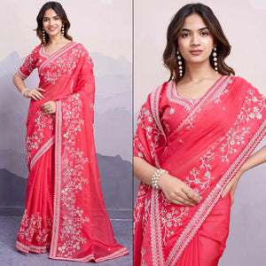 Gajari Pink Floral Sequins Embroidered Organza Saree With Lace Border