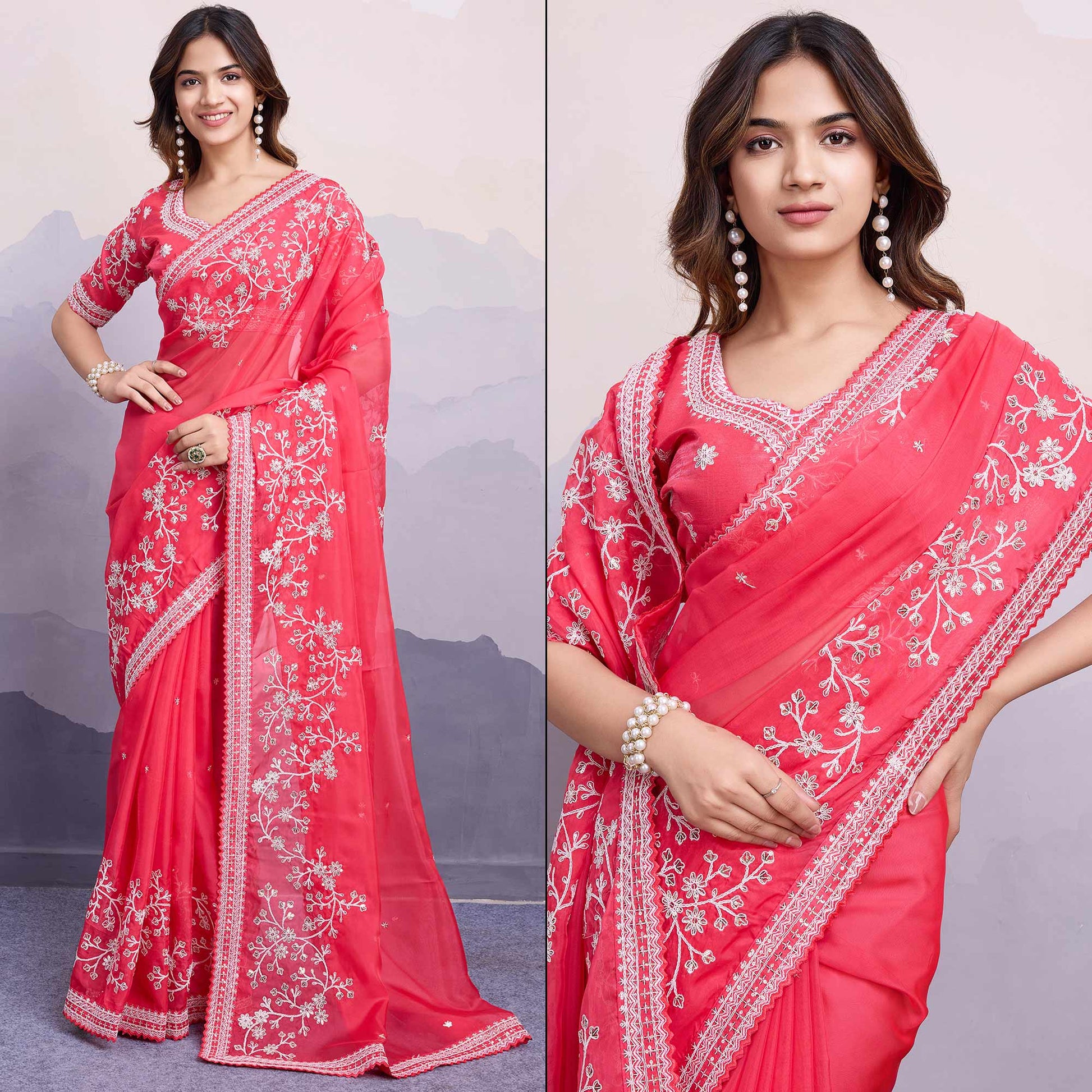 Gajari Pink Floral Sequins Embroidered Organza Saree With Lace Border