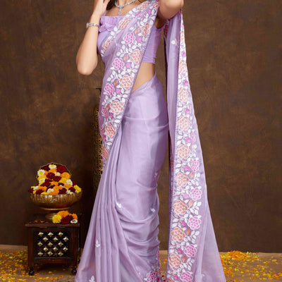 Lavender Floral Sequins Embroidered Organza Silk Saree