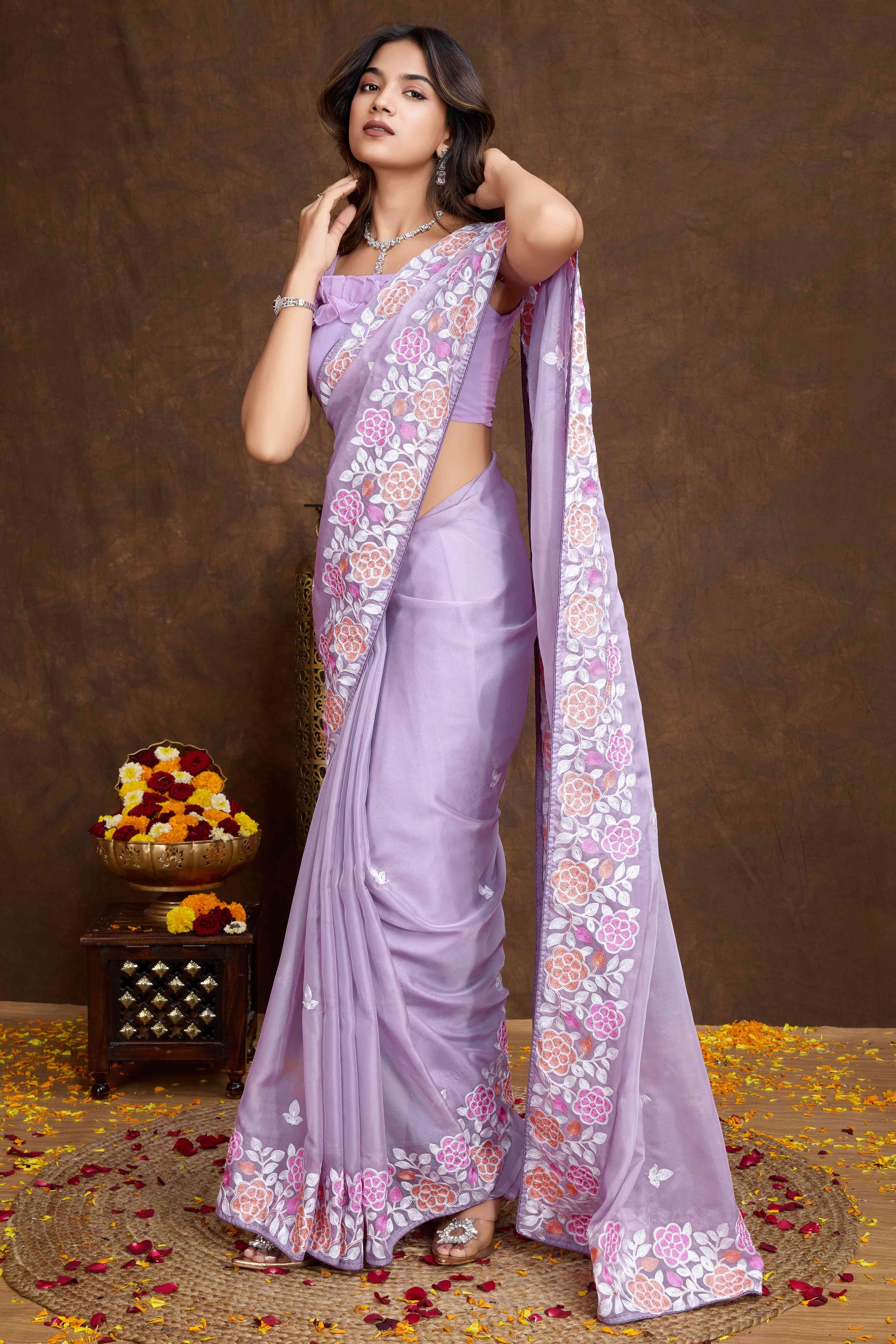 Lavender Floral Sequins Embroidered Organza Silk Saree