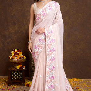 Light Peach Floral Sequins Embroidered Organza Silk Saree